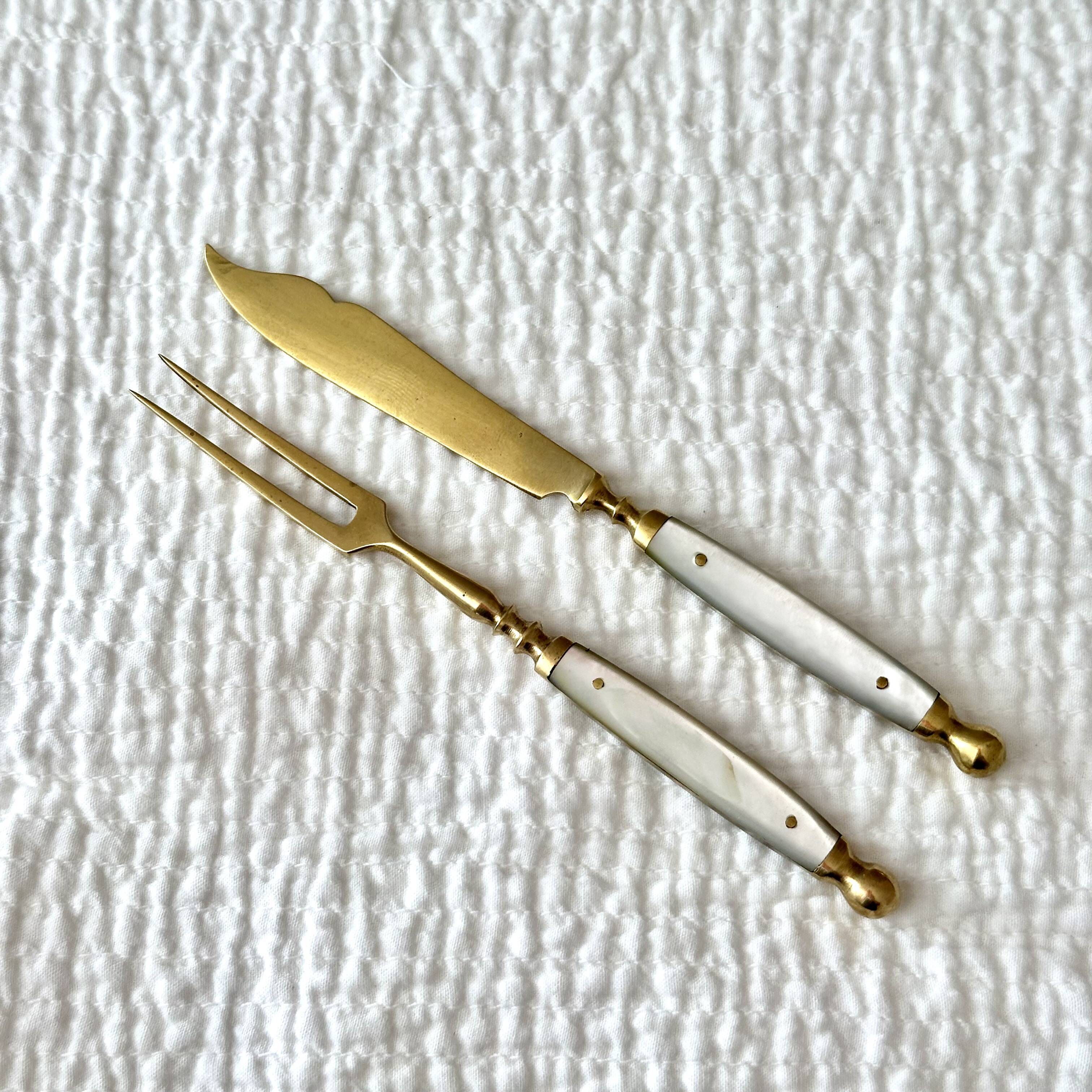 Antique Fruit Cutlery Set for 6 · Brass & Mother-of-Pearl · Original Box