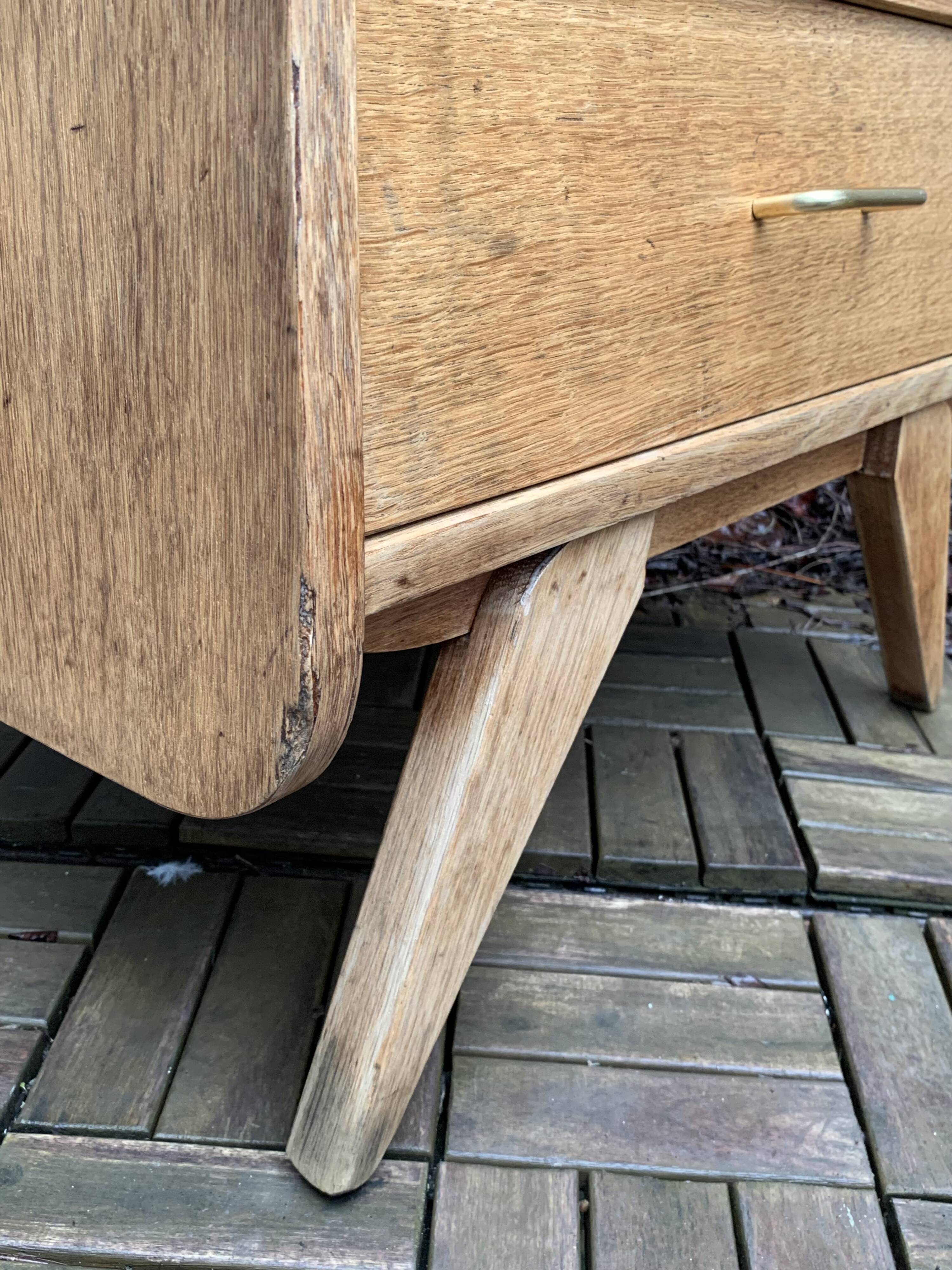 Vintage chest of drawers with compass feet, raw oak, 1960