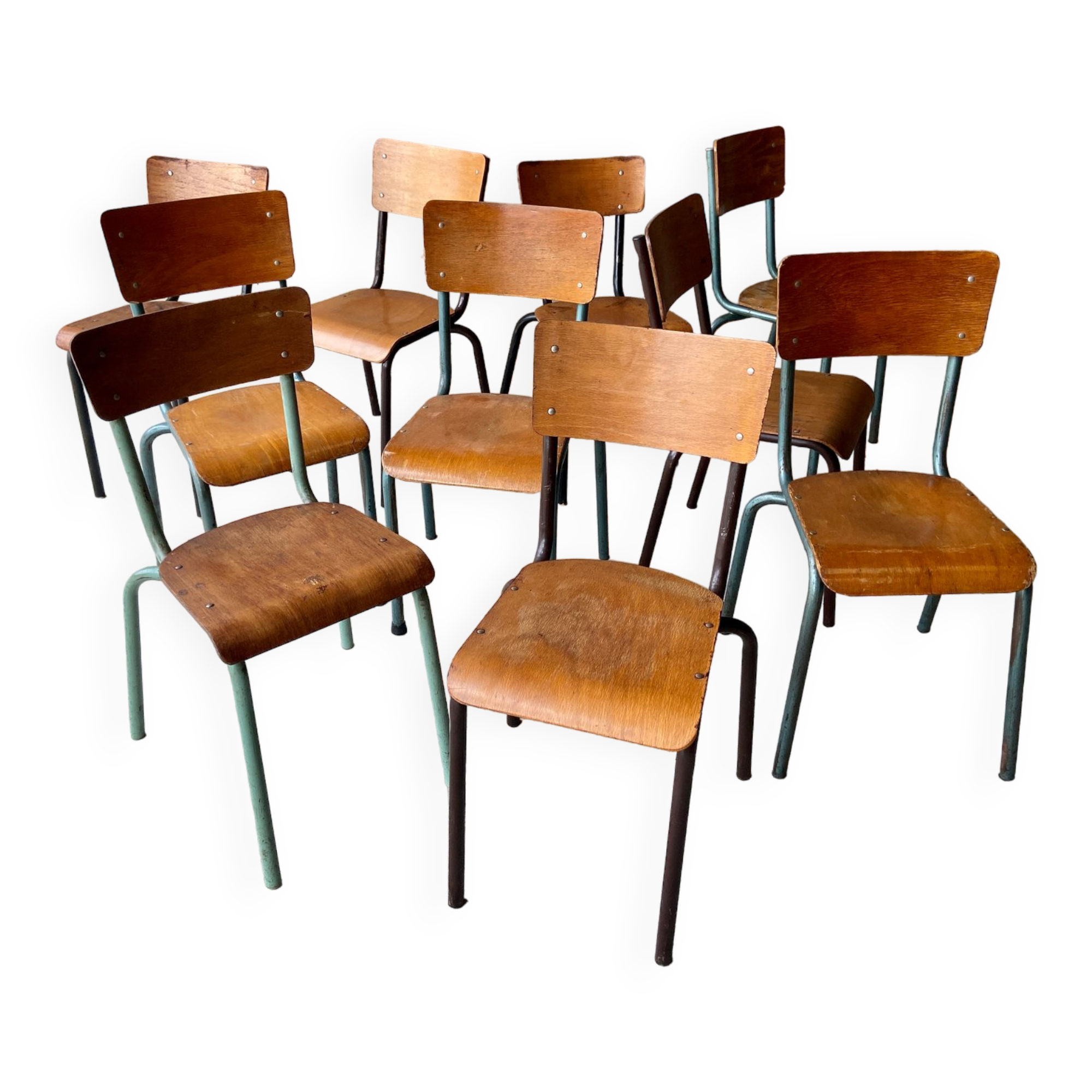 Set of 10 vintage mismatched industrial chairs mullca