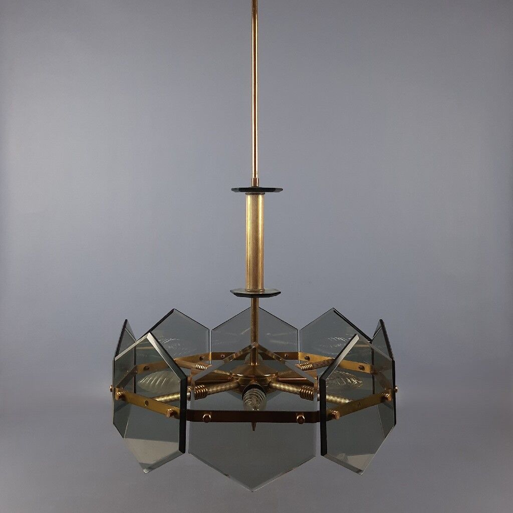 Lustre design Gino Paroldo Fontana Arte brass smoked glass modernist 1960