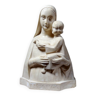 Vierge à l'enfant ancienne en plâtre ciré de style Art Déco
