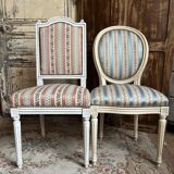Pair of Louis XVI style chairs in painted wood and satin, classic elegance.