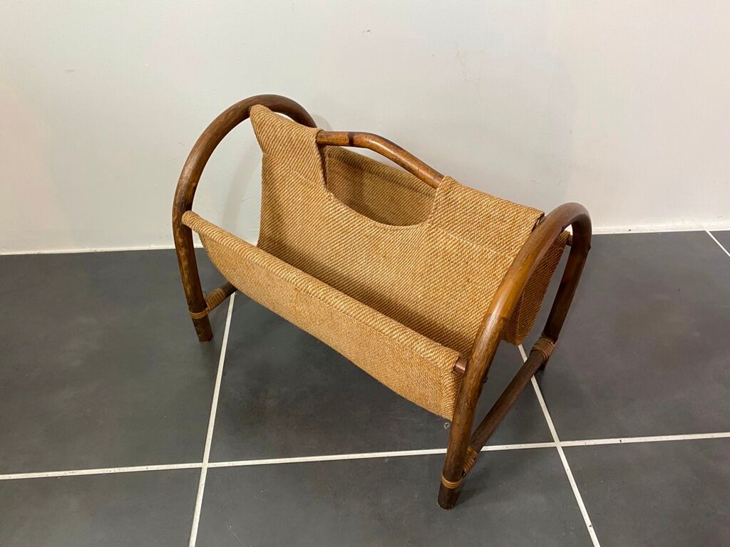 Magazine holder in rattan and vintage burlap 70s