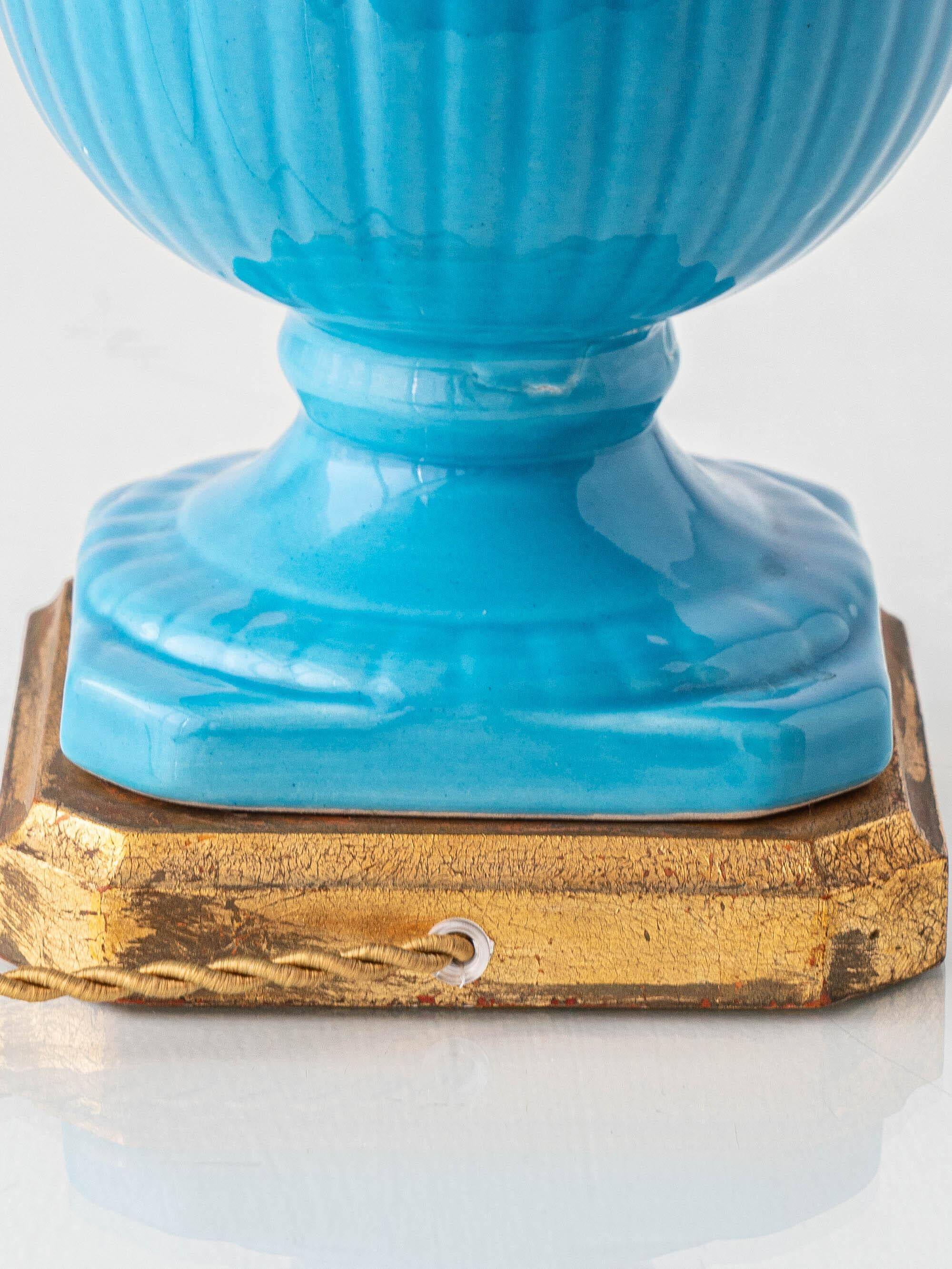 Turquoise glazed ceramic floral table lamp from Manises mid-century, with a new silk shade.