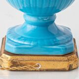 Turquoise glazed ceramic floral table lamp from Manises mid-century, with a new silk shade.
