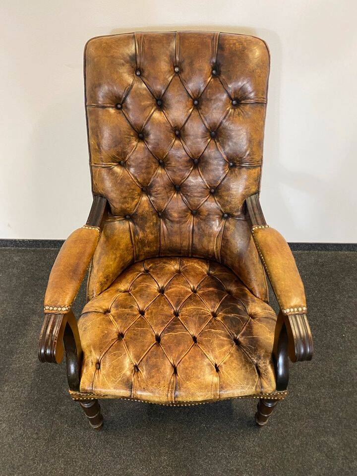 Antique Chesterfield Wing Chair with Stool and English Side Table