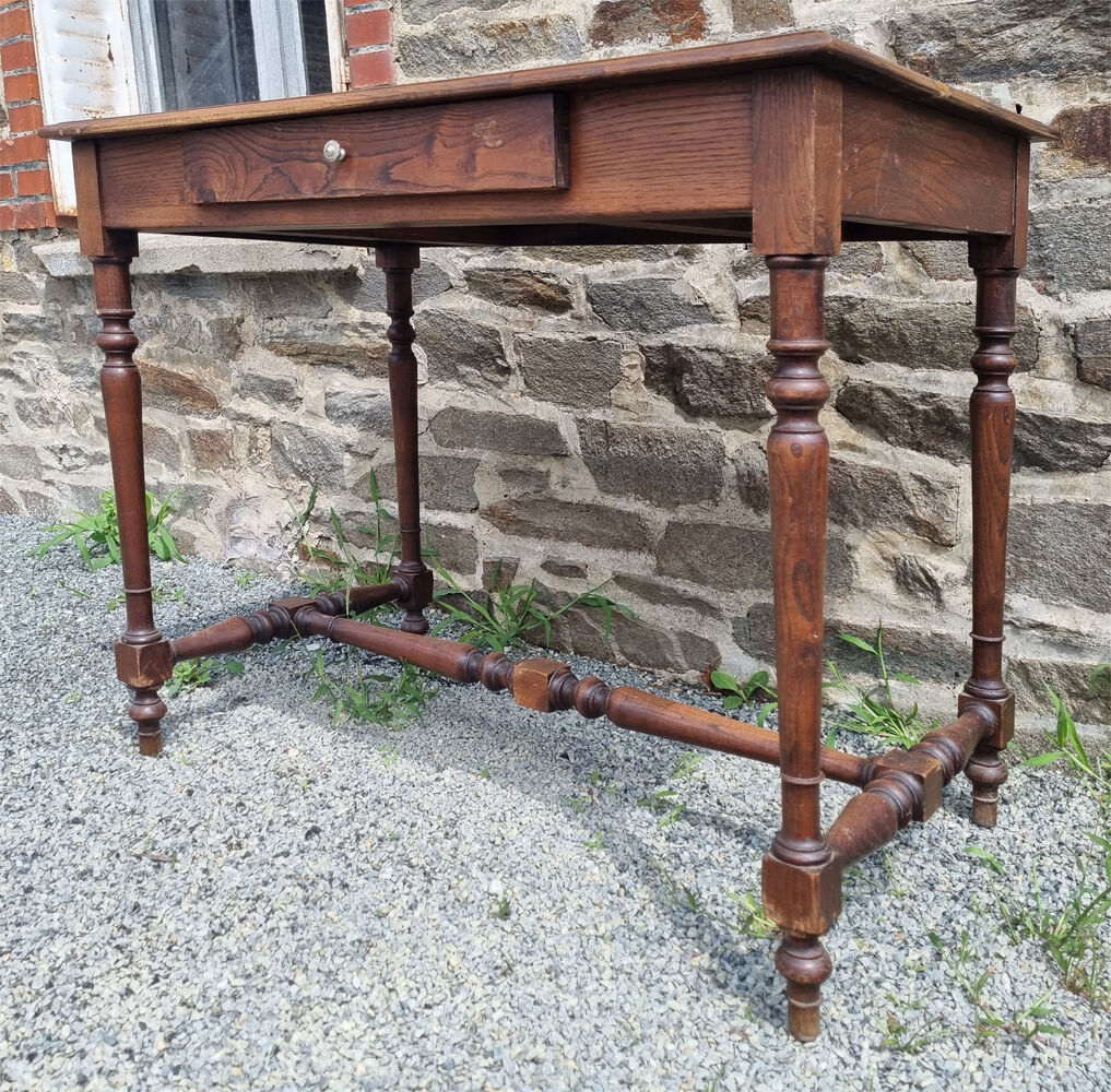 Writing table or wooden desk, Louis XIII style, turned legs, vintage