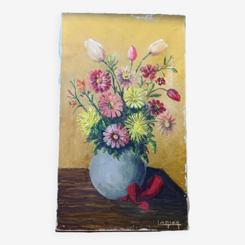 Painting the bouquet of flowers signed Lagier, canvas stretched on vintage frame