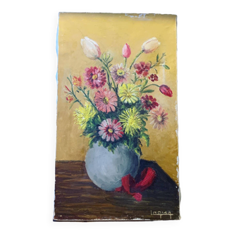 Painting the bouquet of flowers signed Lagier, canvas stretched on vintage frame