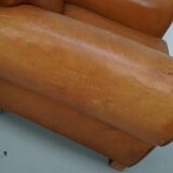 Pair of French club chairs with moustache back in cognac leather, 1950s