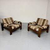 2 vintage 1970s wooden and fabric armchairs