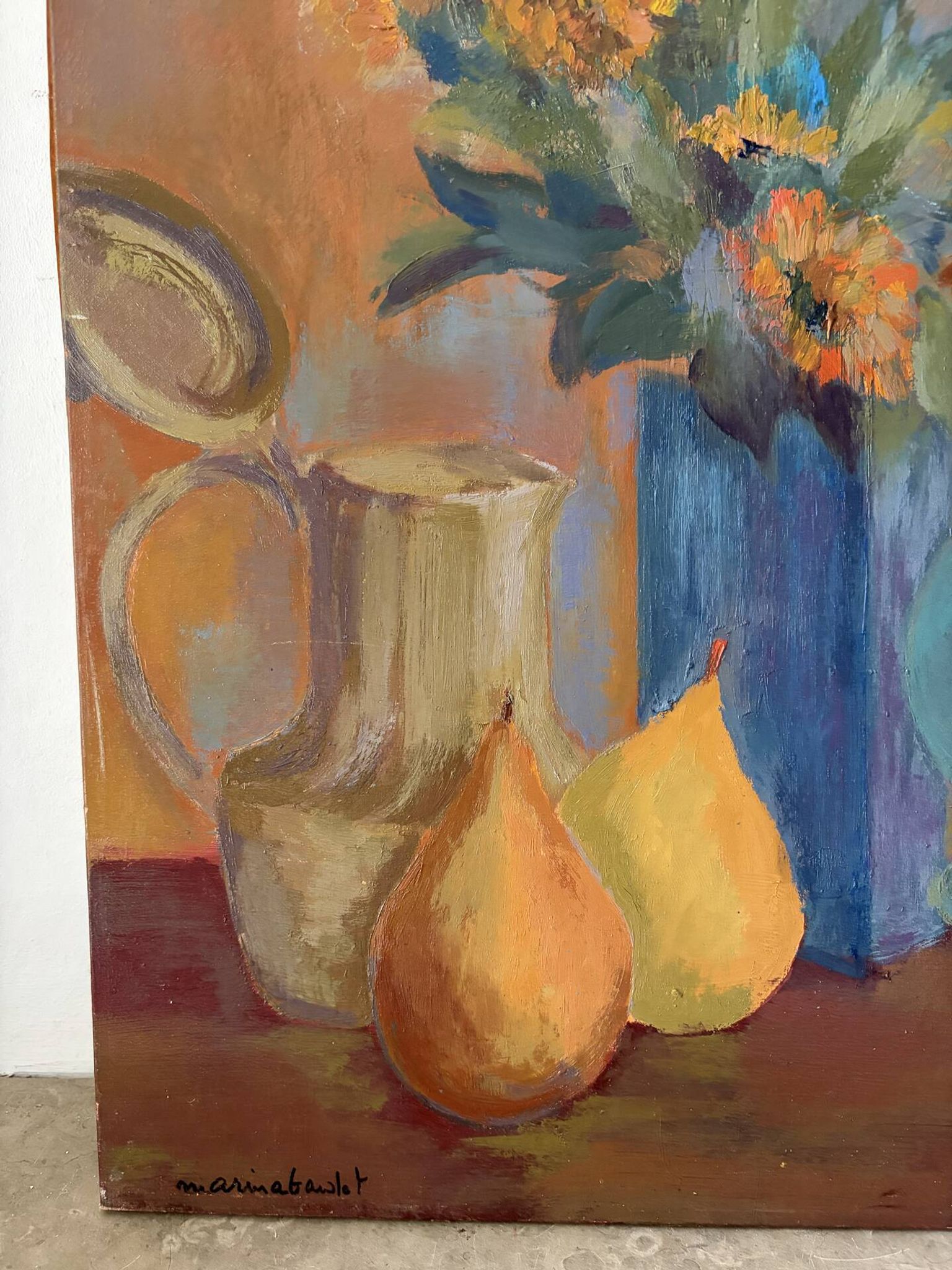 Still life with pears, oil on canvas signed Marina Gawlet.