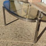 Elliptical coffee table circa 1970 in chromed metal and smoked glass