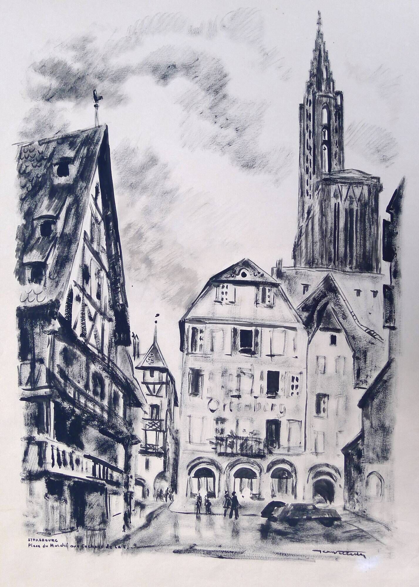 Strasbourg, original Indian ink wash drawing by Jean Villette (1913-2005)