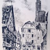 Strasbourg, original Indian ink wash drawing by Jean Villette (1913-2005)