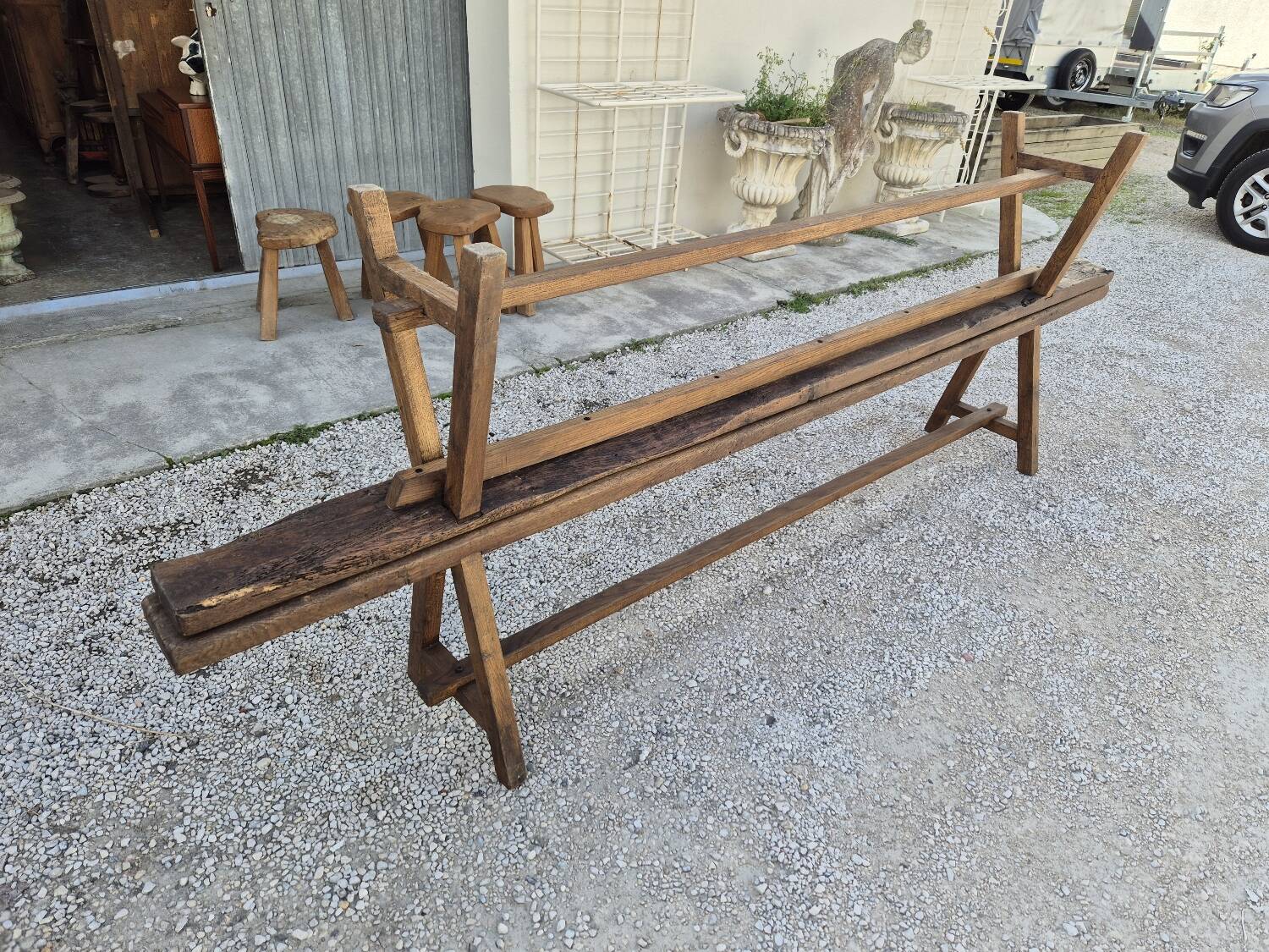 Pair of rustic solid oak farm benches 19th century - 2m90