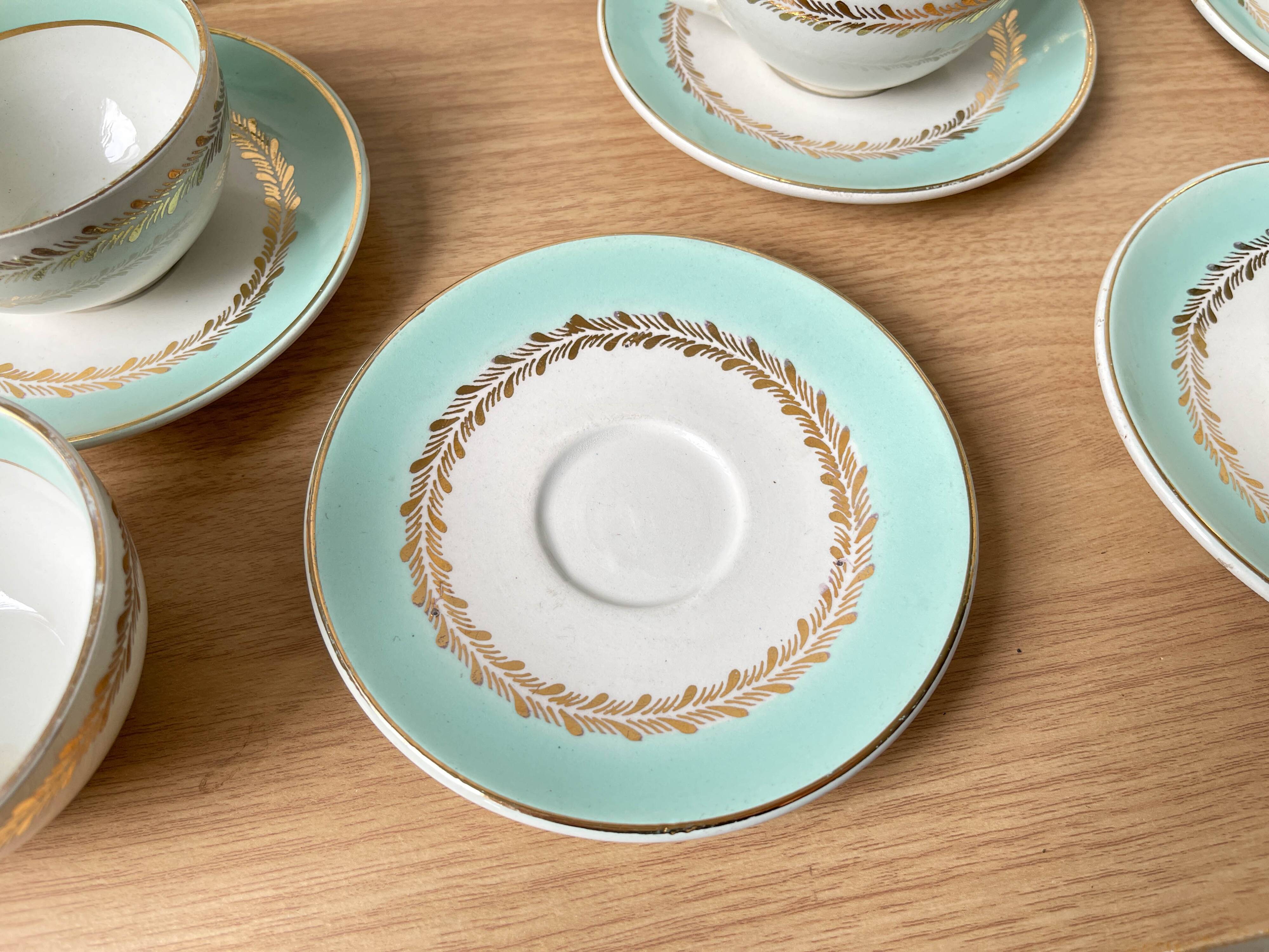 Vintage tea/coffee service in white green gold porcelain LUNEVILLE made in France