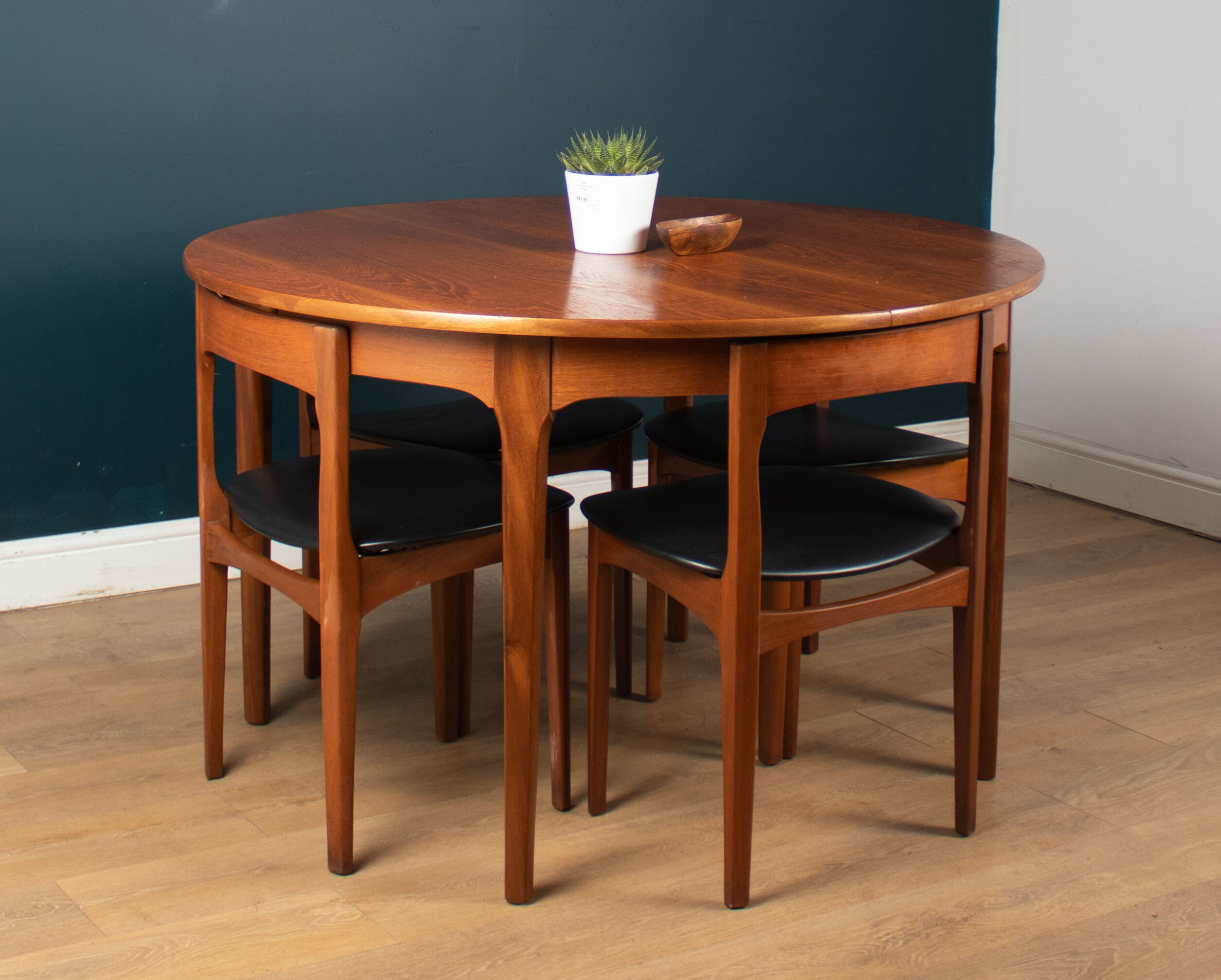 Retro Teak 1960s Round Dining Table & Four Space Saving Chairs By Nathan