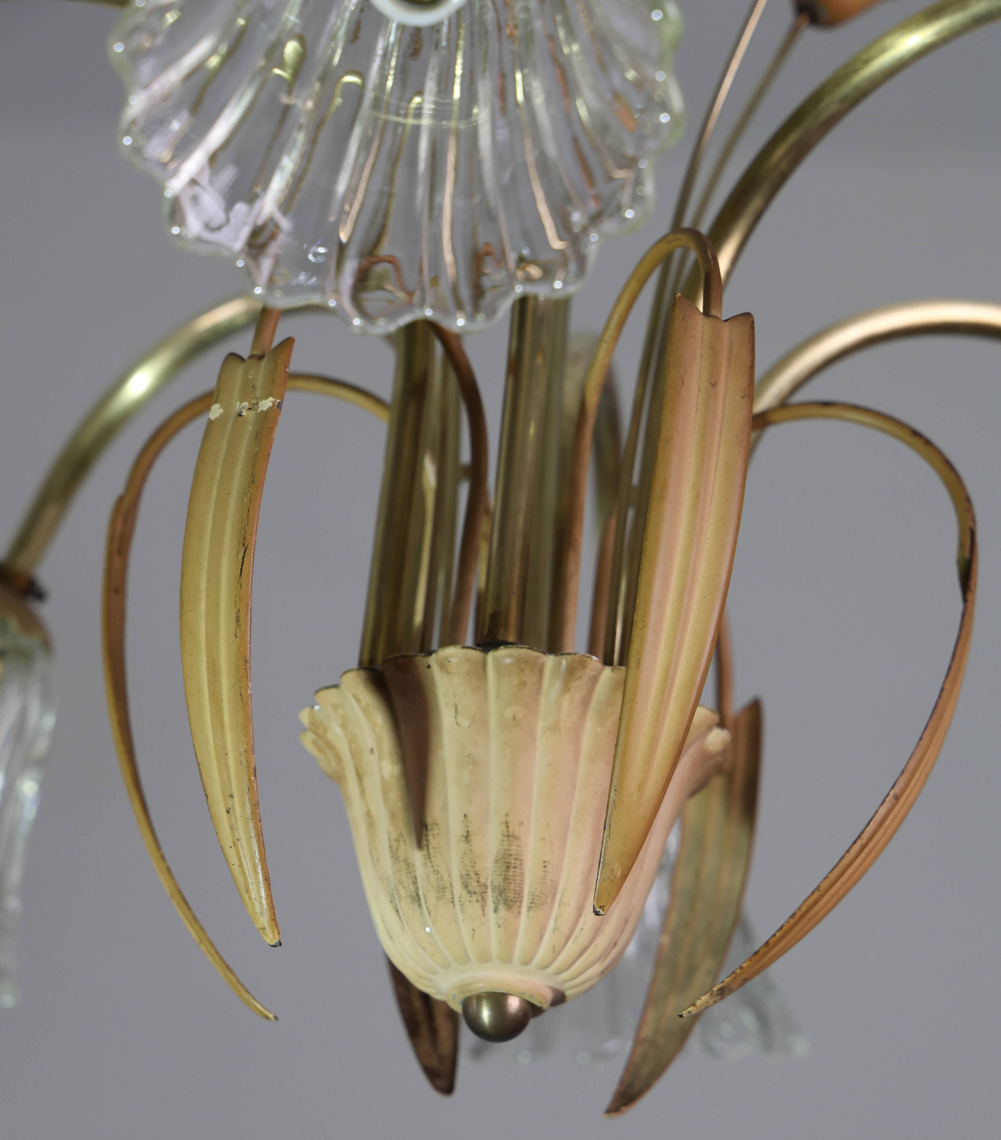Art Deco Murano Glass and Brass Chandelier, 6 light, 1950