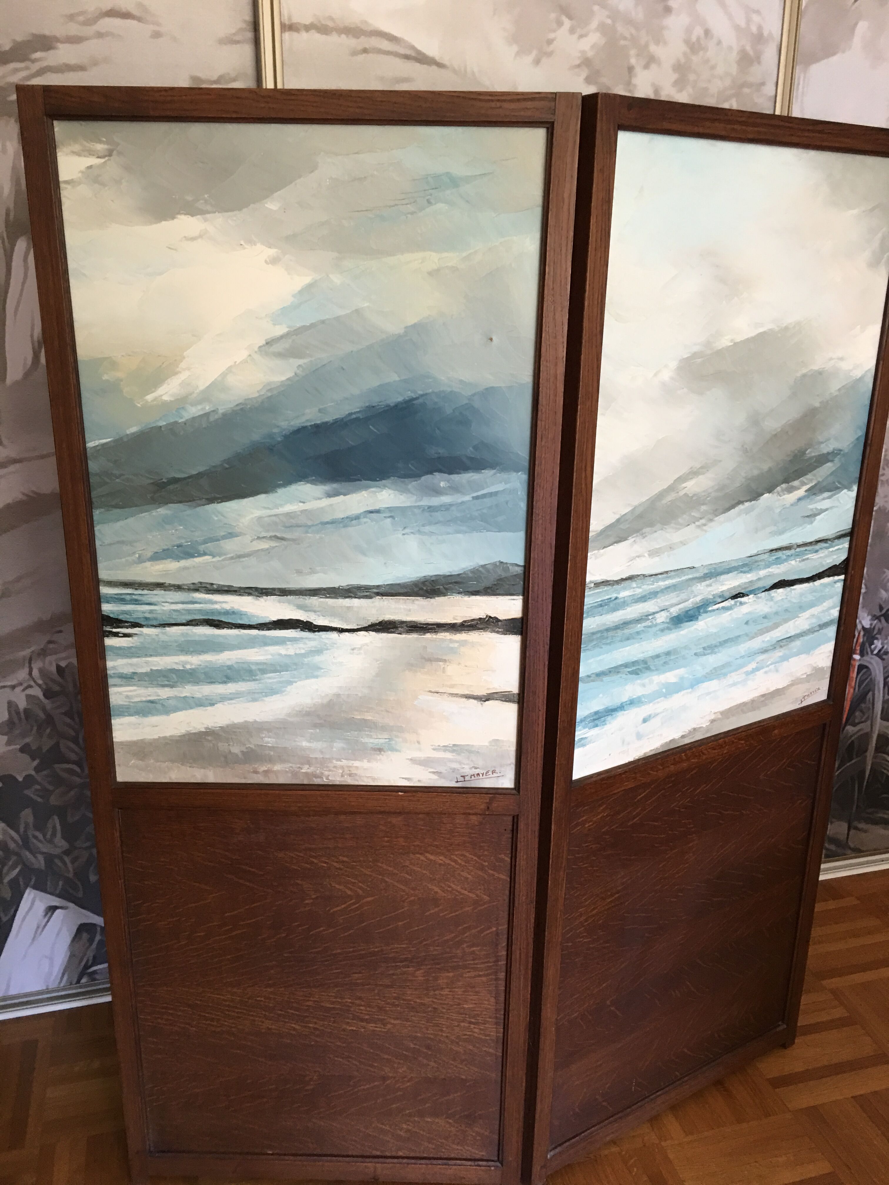 Vintage screen wood and oil painting