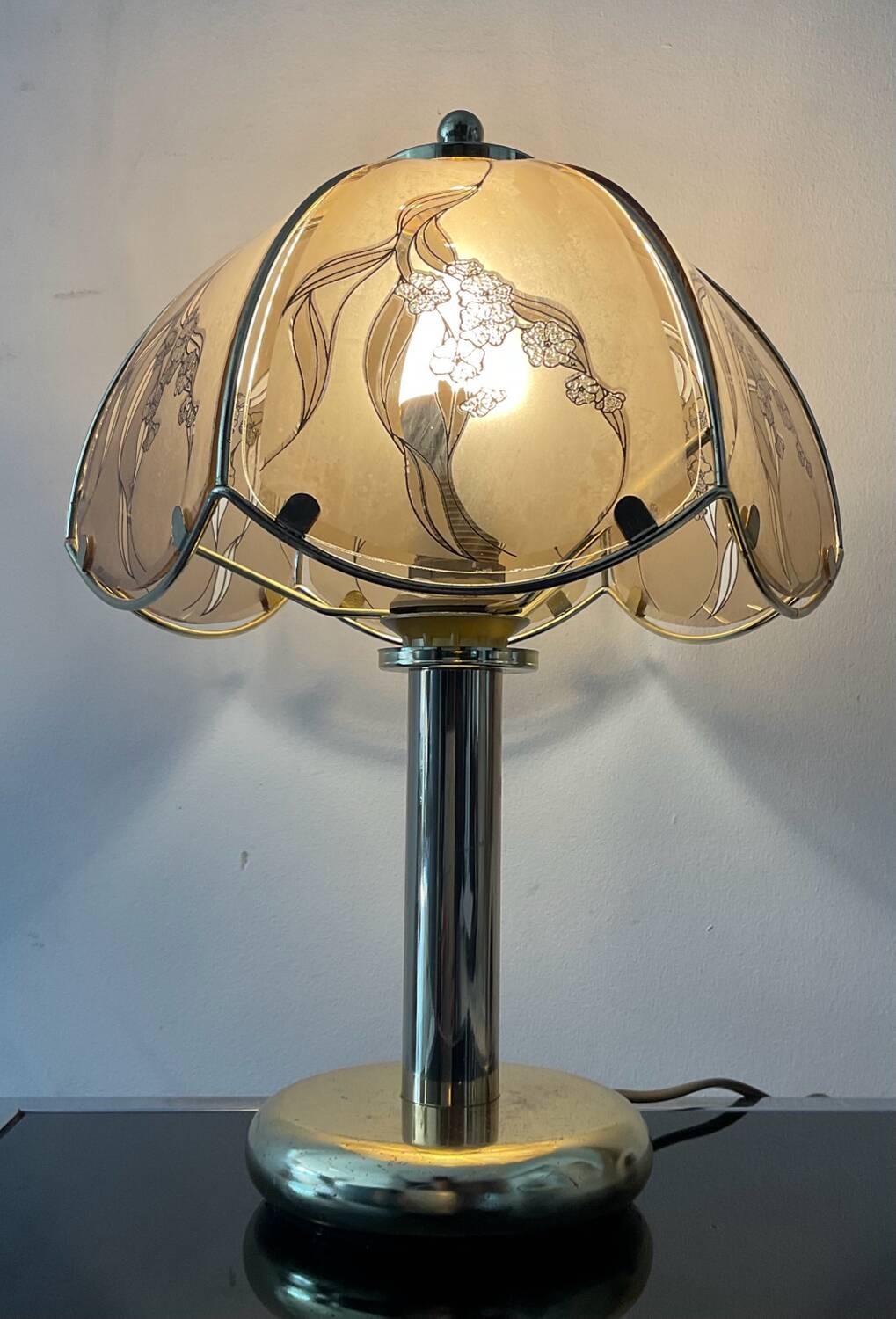 Vintage lamp in gold metal and smoked glass