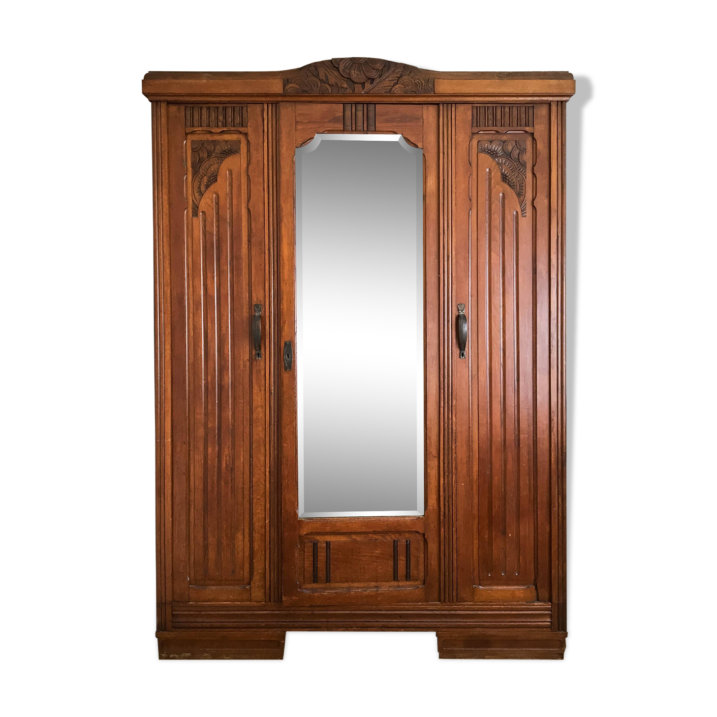 Old solid wood wardrobe with three vintage mirror doors