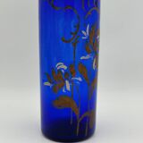 Antique blue glass vase, hand-painted bronze floral decoration / Art Nouveau