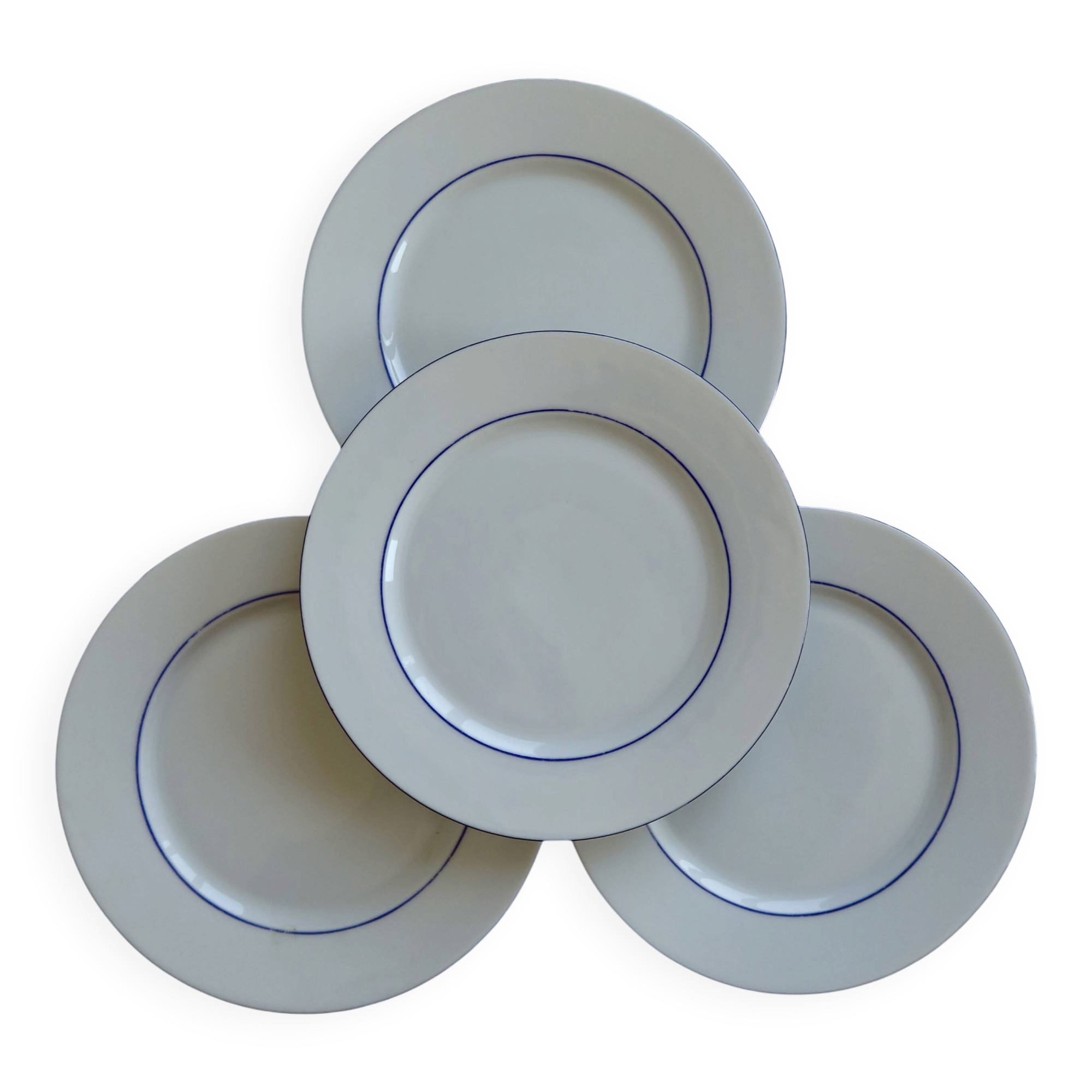 4 vintage dessert plates white porcelain with blue trim