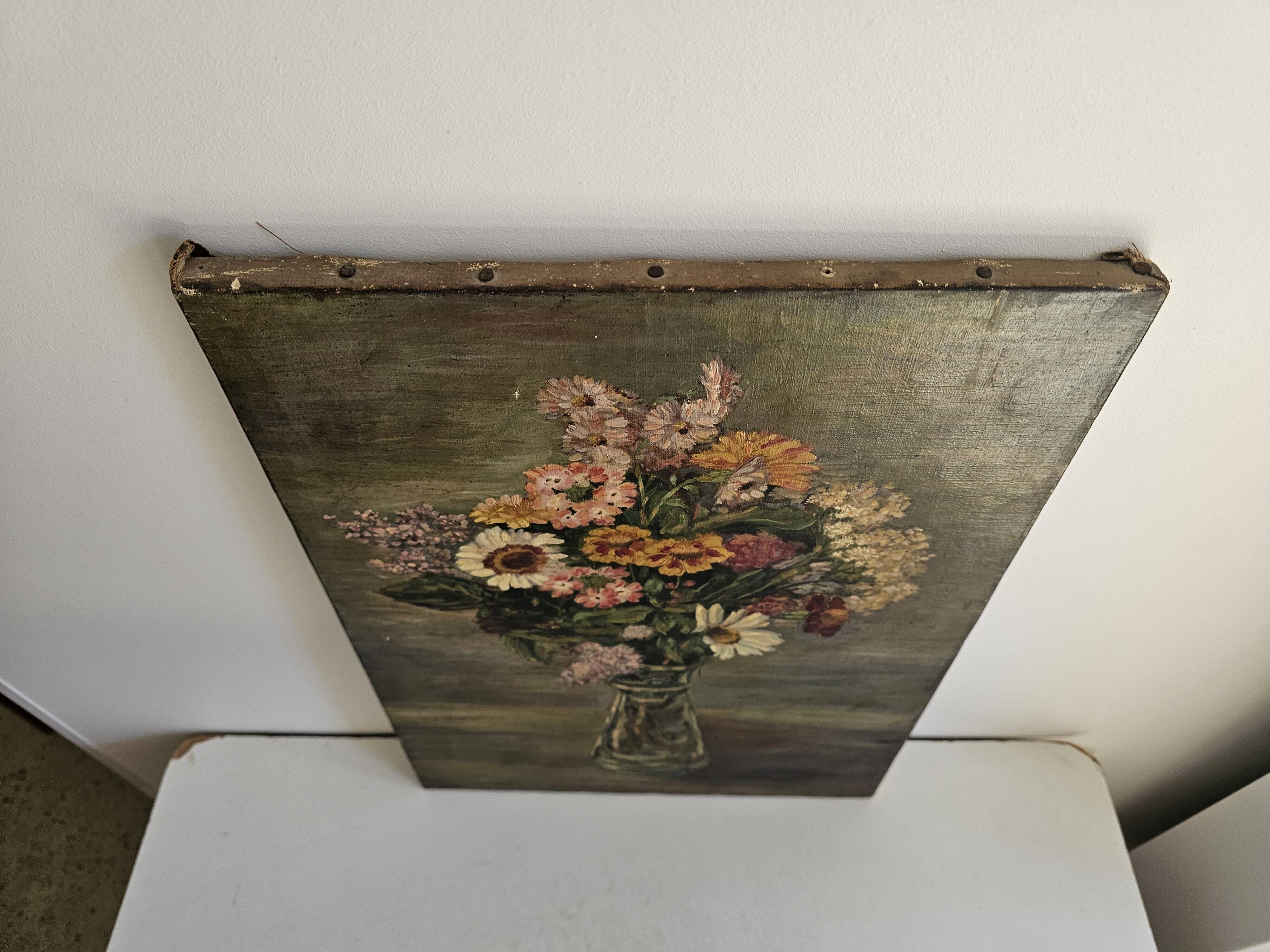 Old Oil on Canvas Painting - Still Life Spring Flower Bouquet