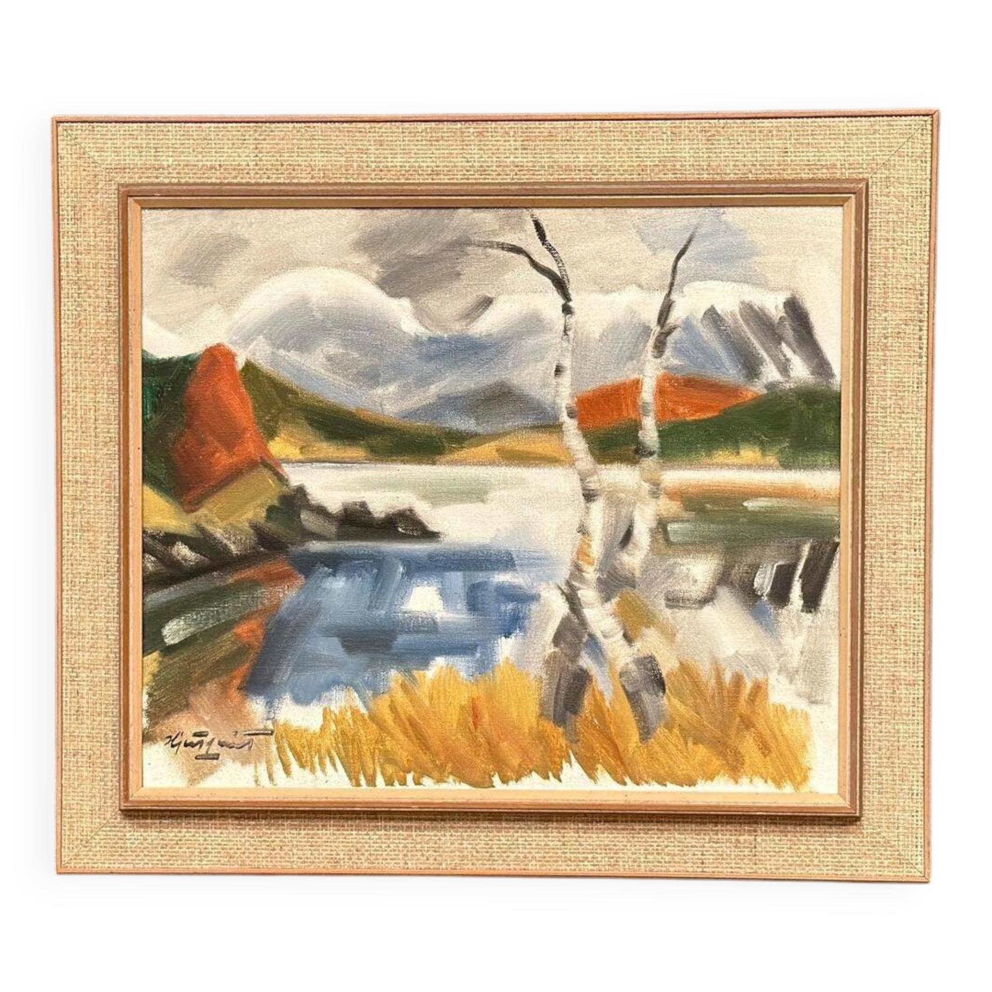 Original Mid Century Swedish Oil On Canvas – “Landscape With Birches” By Ivar Hjertqvist – Vintage & Framed – 69 × 60 Cm (27.2" × 23.6")