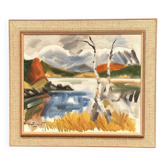Huile sur toile suédoise d'époque mi-siècle – « Paysage avec bouleaux » par Ivar Hjertqvist – Vintage et encadrée – 69 × 60 cm (27,2" × 23,6")