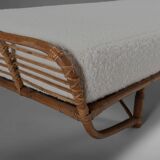 Bamboo and rattan daybed in ivory bouclé, Italy 1960s
