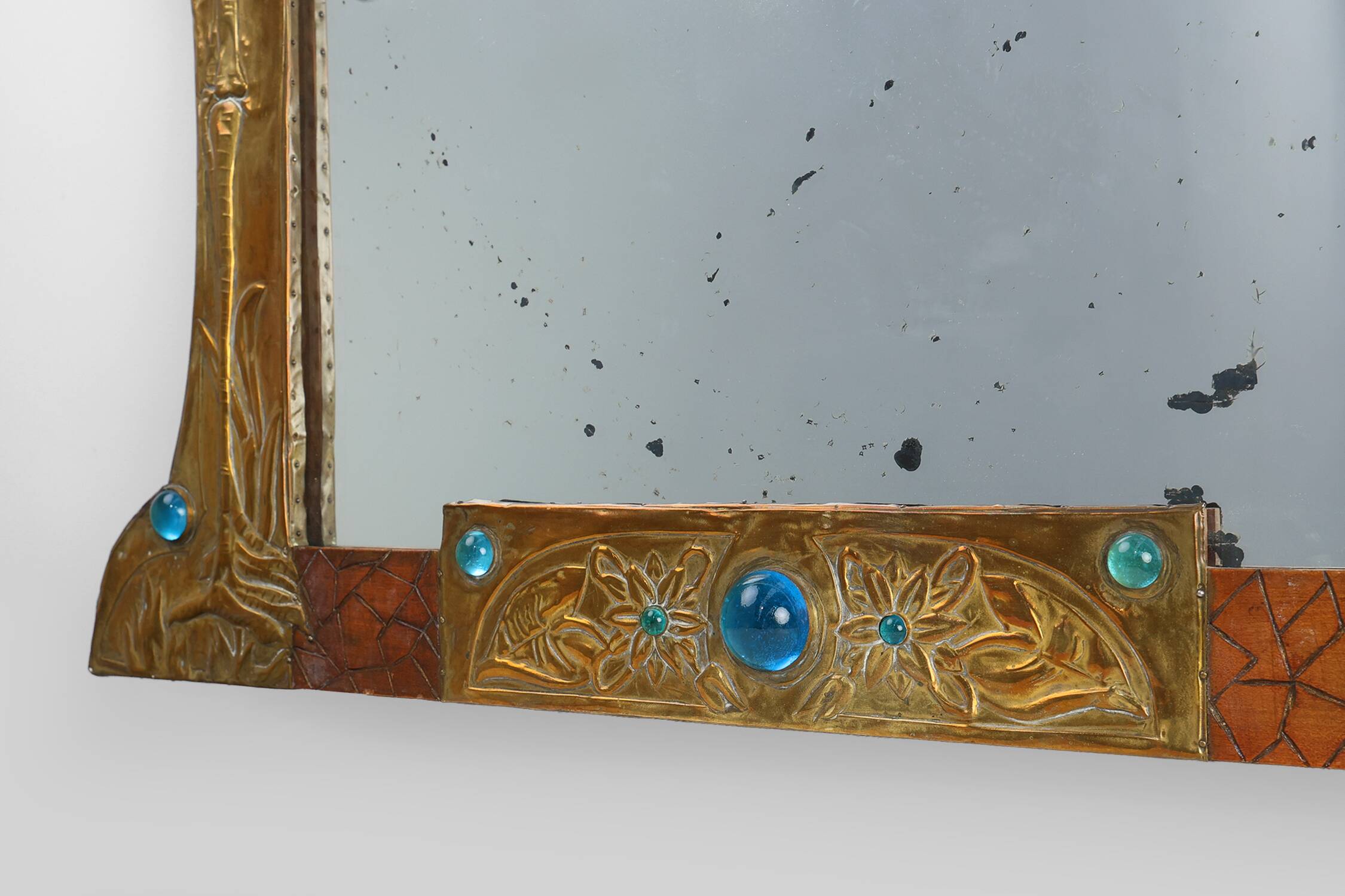 Art Nouveau Mirror in Brass and Glass Inlay, Signed A.H. Villaket, France