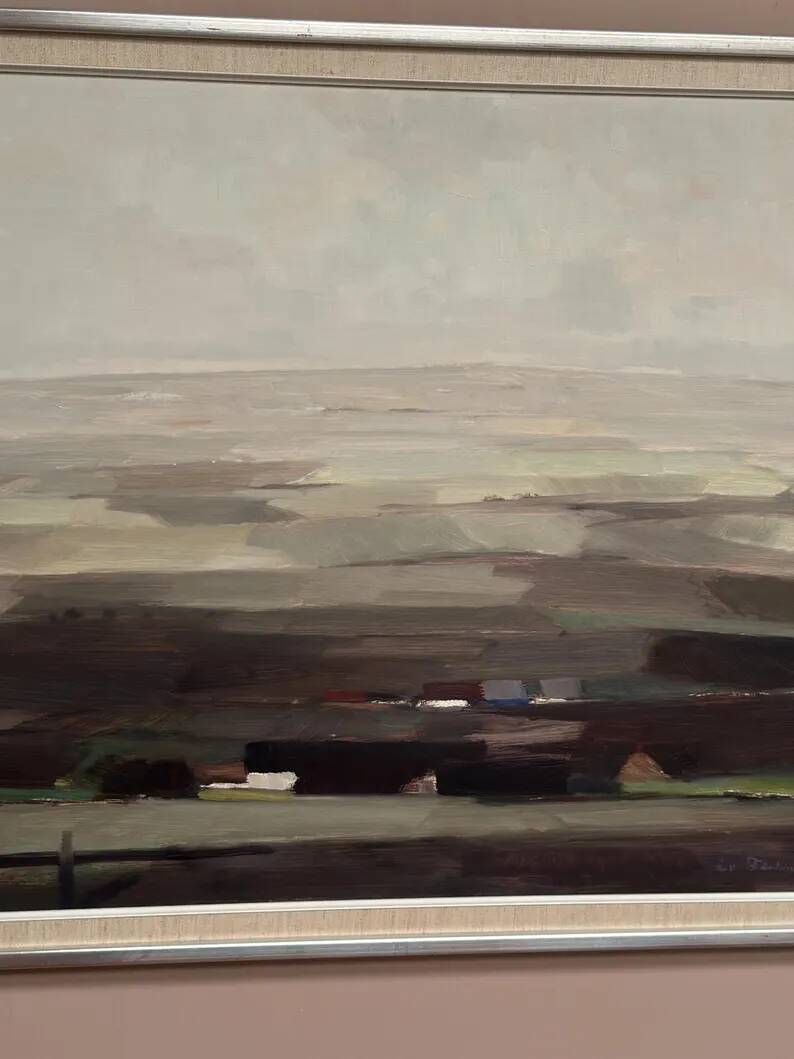 Oil on panel original Swedish - "House in a flat landscape" by Evert Färhm - Dated 1968 - vintage and framed - 81 × 68 cm (31.9" × 26.8")