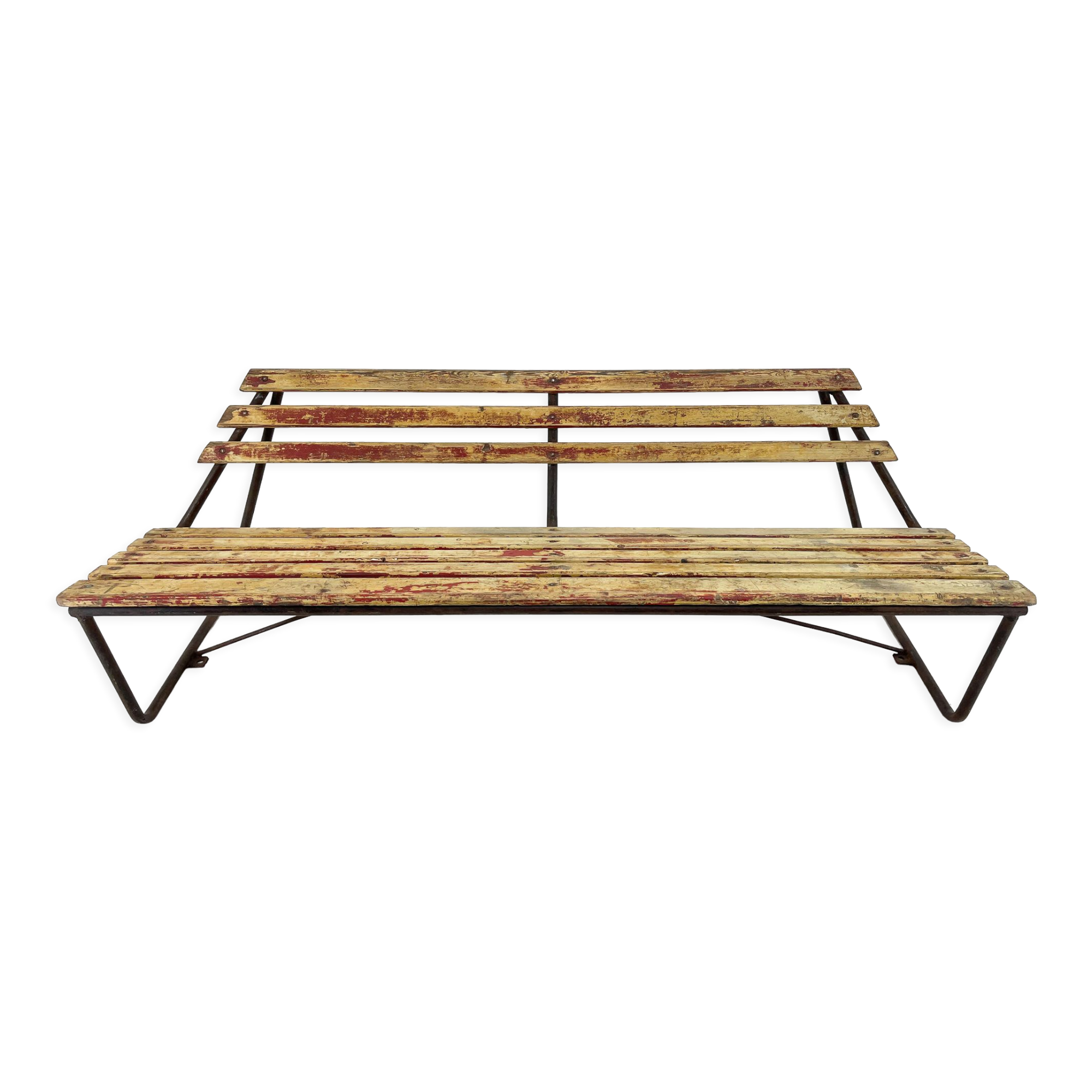 Vintage Industrial Slatted Bench with Original Patina