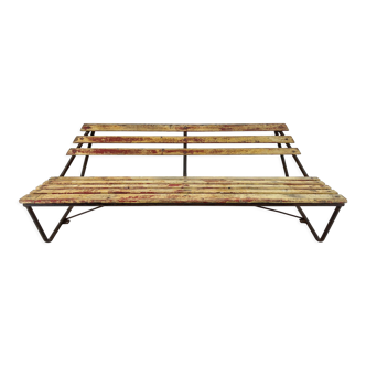 Vintage Industrial Slatted Bench with Original Patina