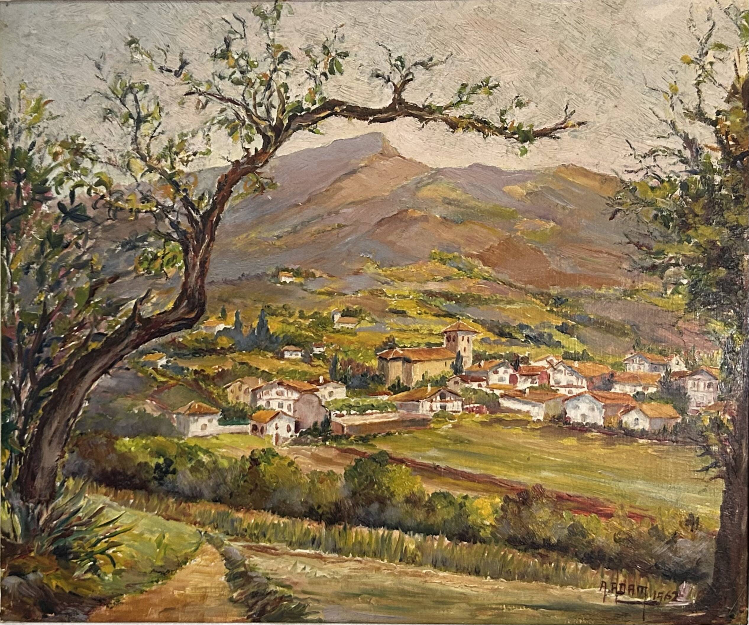 Oil on panel View of a village in the South of France signed A. Adam 1962