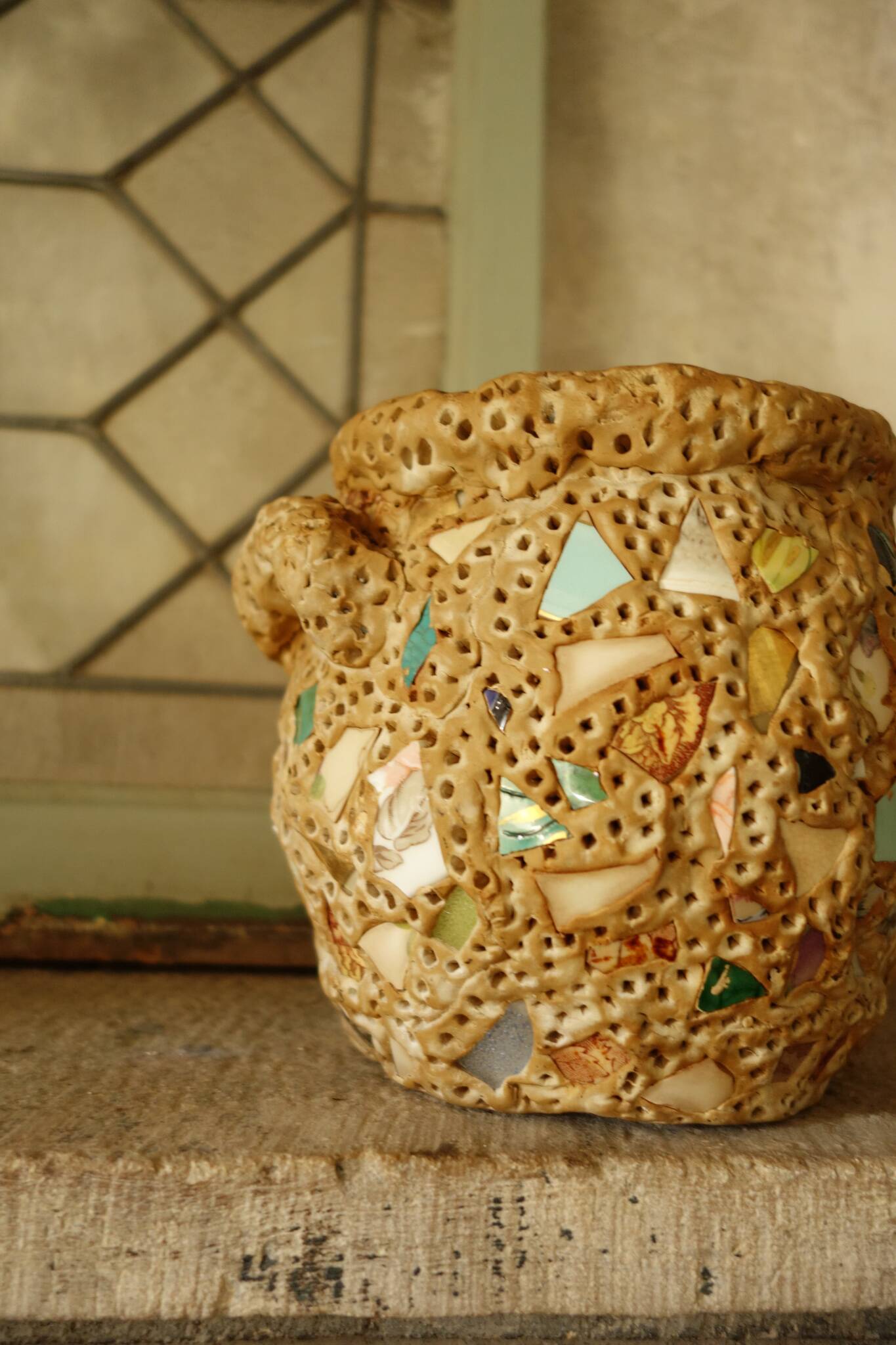 French Folk Art Mosaic Vase Pique Assiette