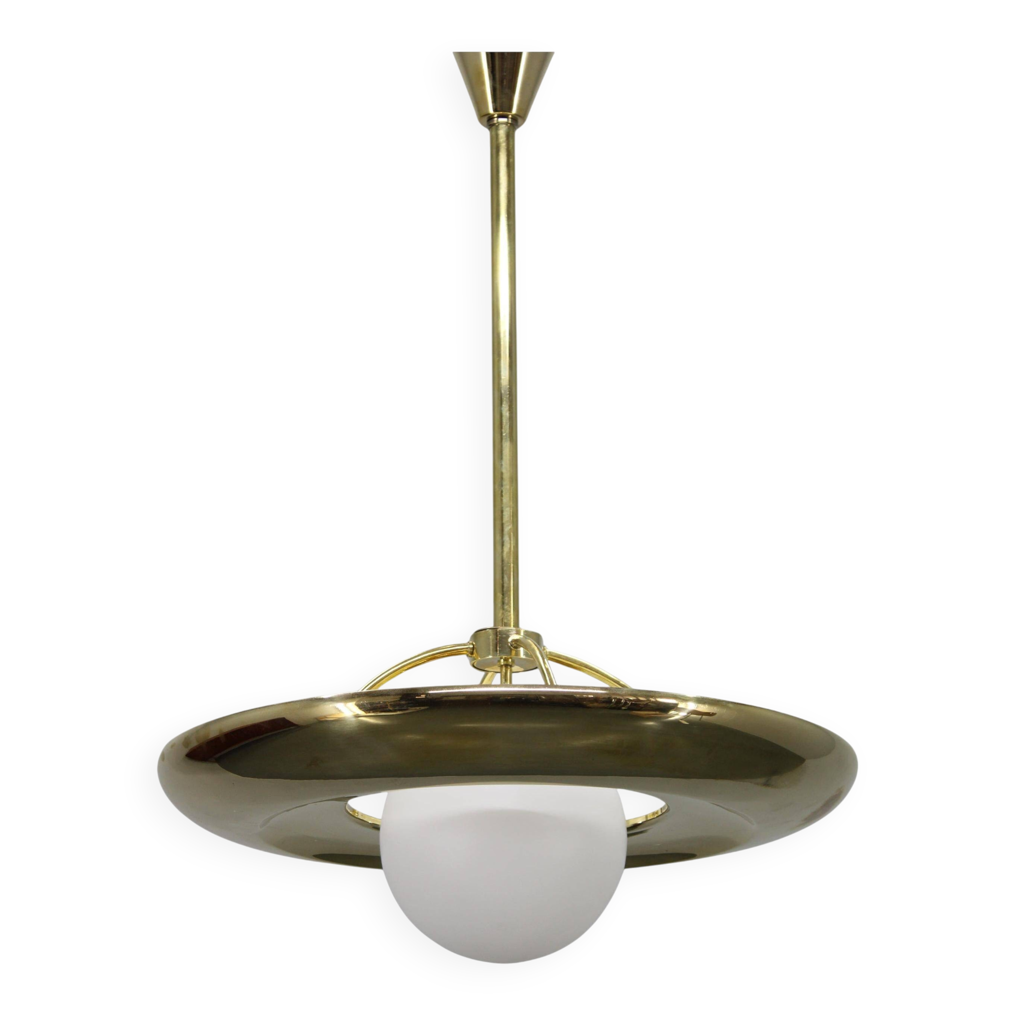 Art Deco brass chandelier with white glass, Czechoslovakia 1930s