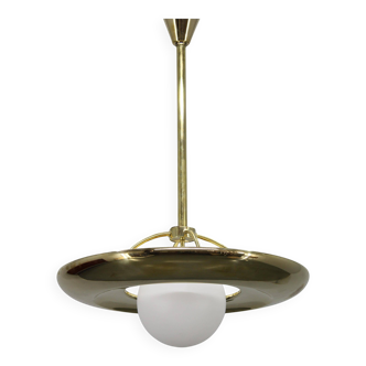 Art Deco brass chandelier with white glass, Czechoslovakia 1930s