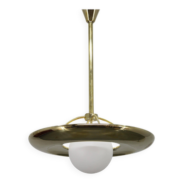 Art Deco brass chandelier with white glass, Czechoslovakia 1930s
