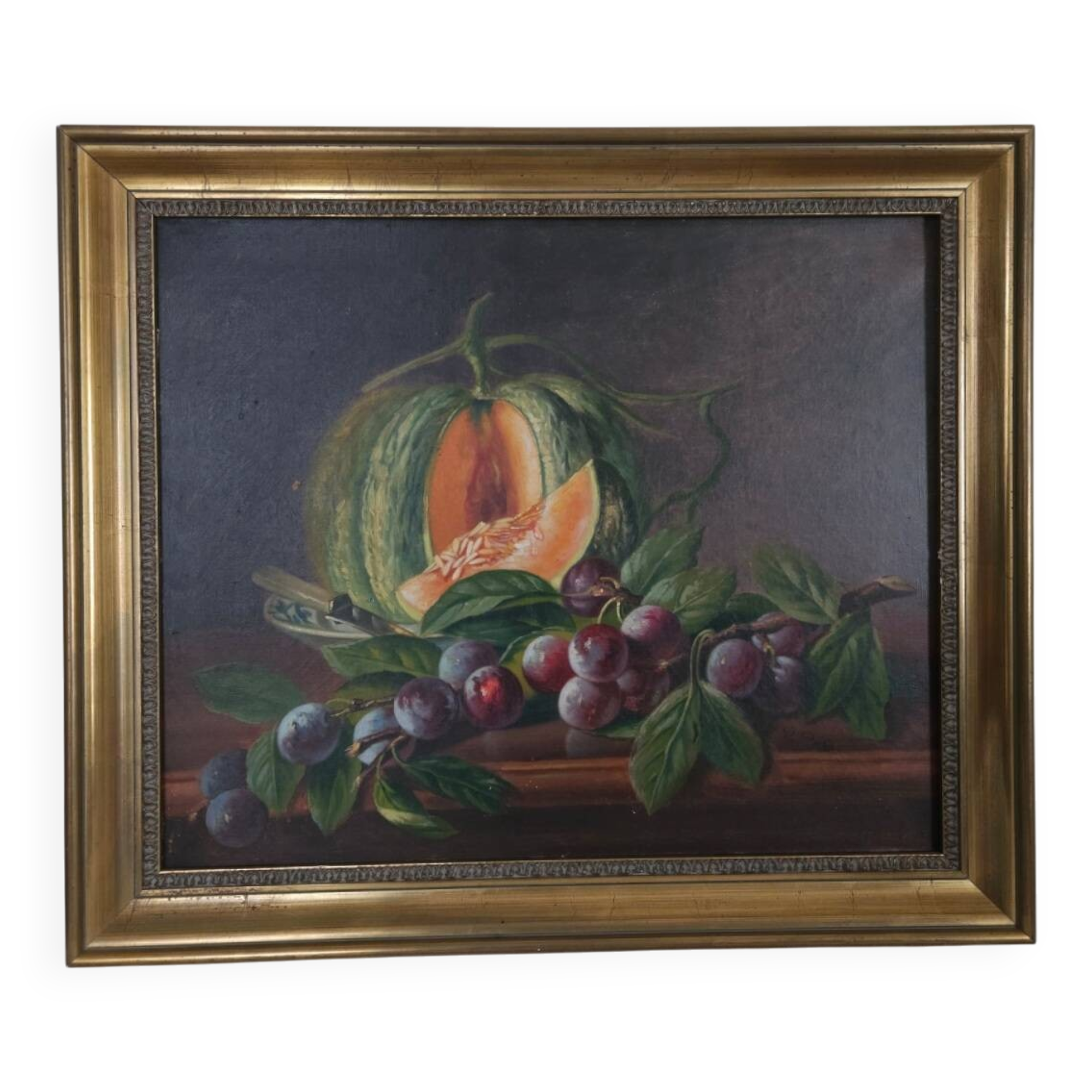 Still life, oil on canvas, melon and grapes.