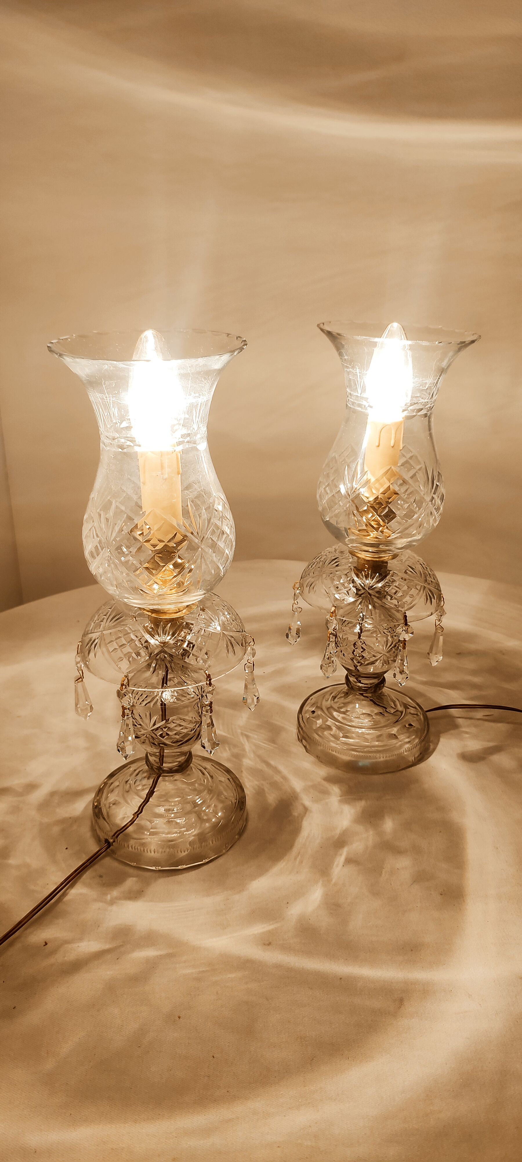 Pair of cut glass table lamps, France, 1950s