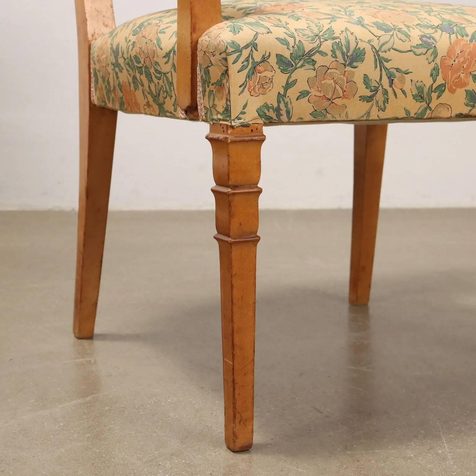 Pair of vintage armchairs from the 1950s in wood and fabric, Italy.