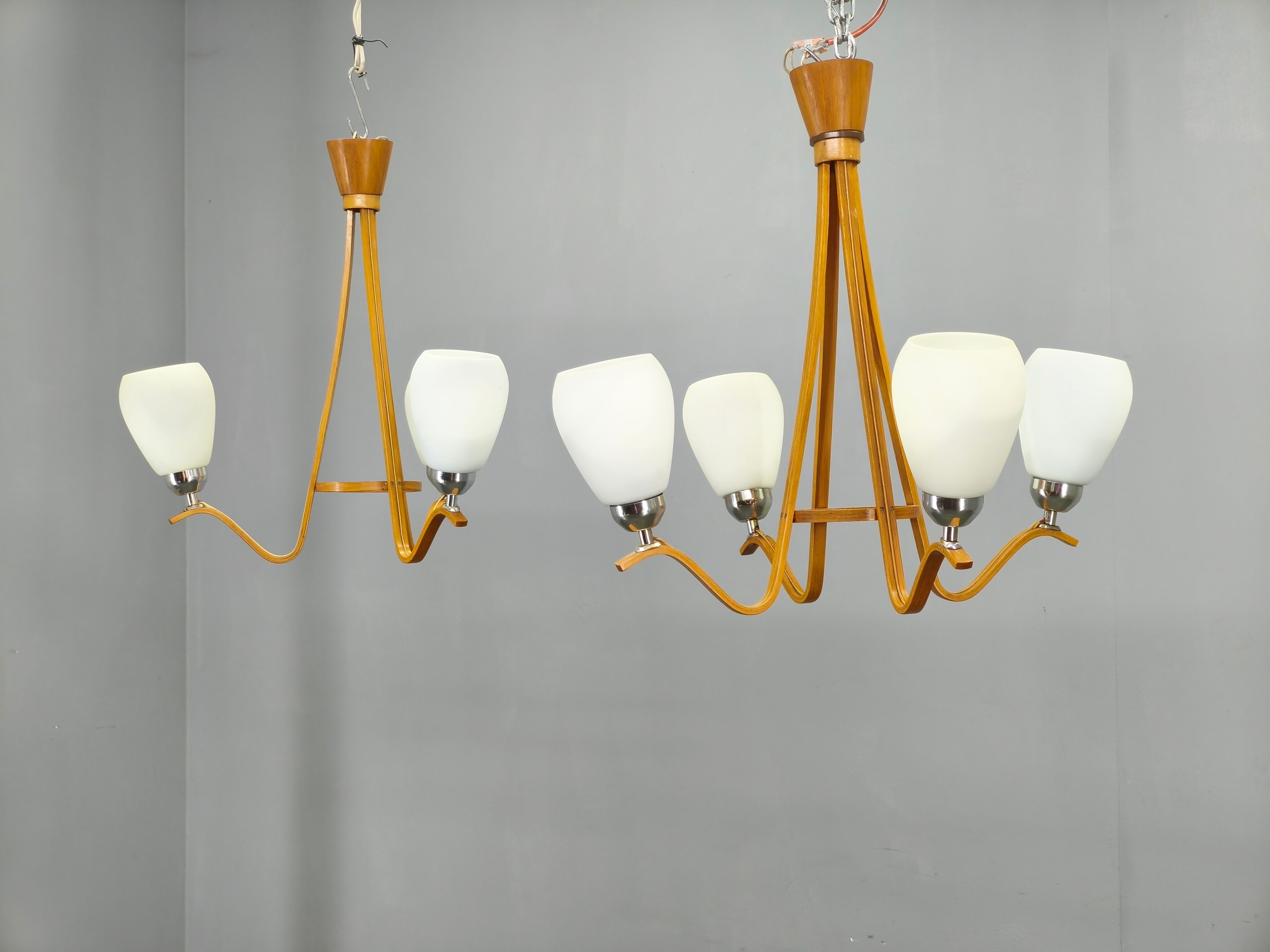 Pair of Czech Mid-Century Wood and Glass Chandeliers by Dřevo Humpolec