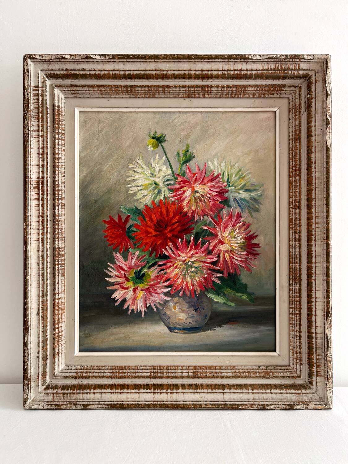 Peinture ancienne tableau huile sur toile fleurs dahlias 