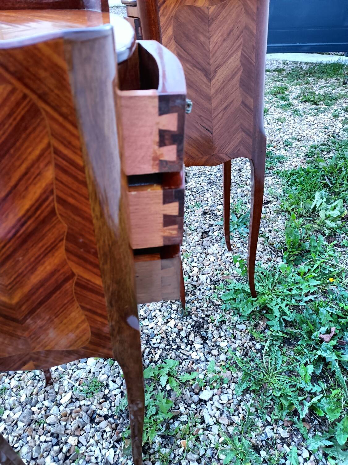 Pair of bedside tables in old Louis XV style marquetry