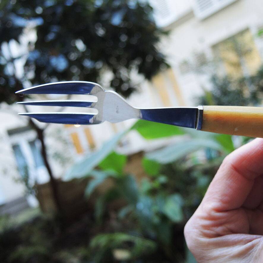 12 anciennes fourchettes à entremets en inox et bakélite