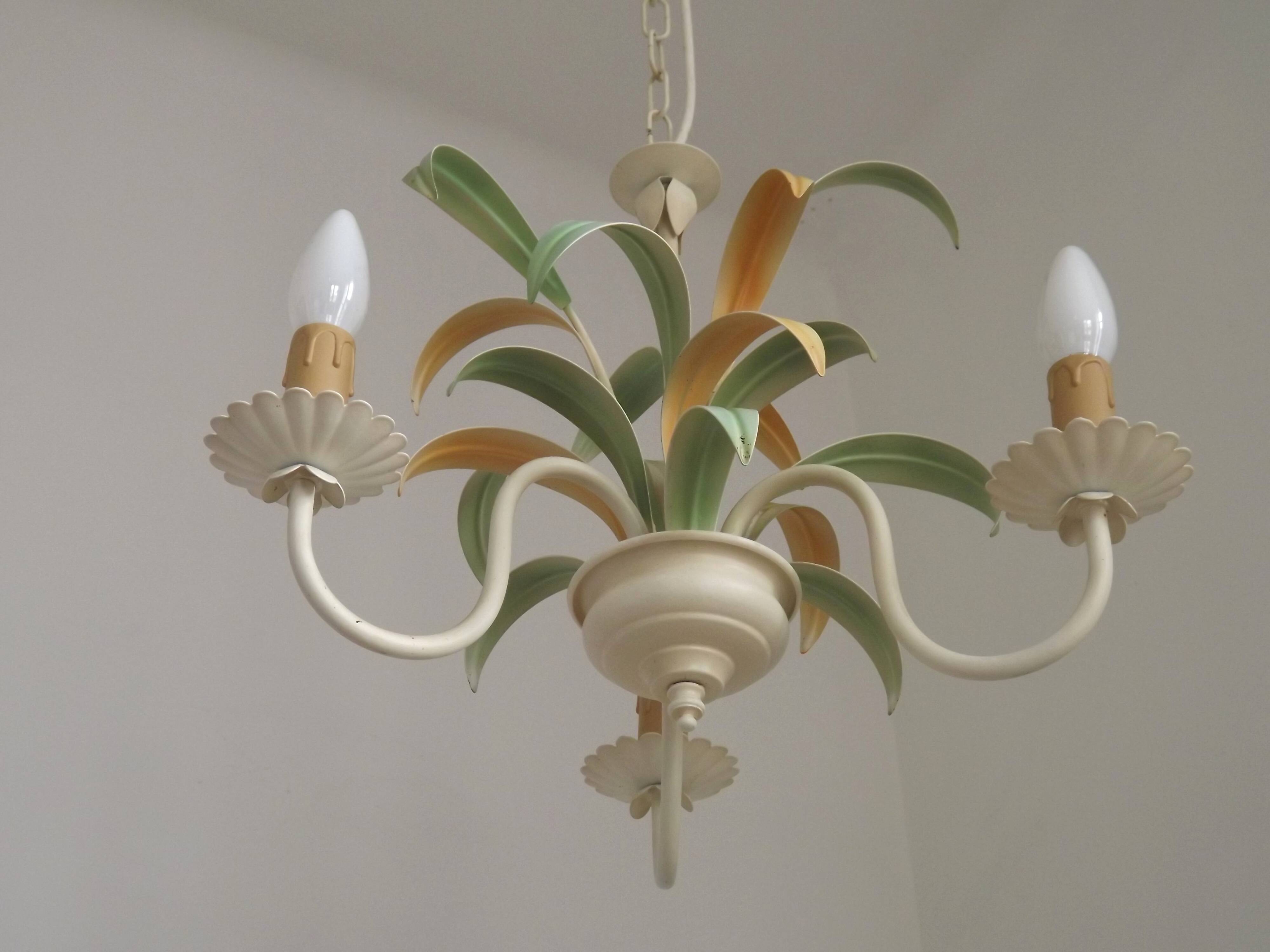 French Vintage Cream 3 Light Chandelier Green and Peach Leaves
