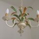French Vintage Cream 3 Light Chandelier Green and Peach Leaves